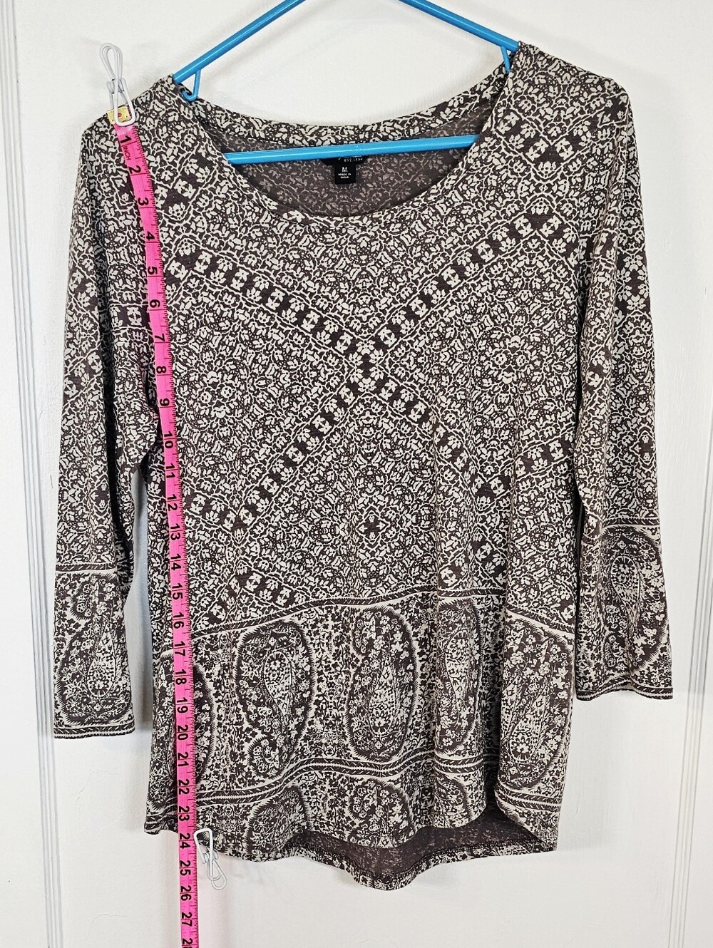 Lucky Brand Geometric Paisley Print Gray & White 3/4 Sleeve Blouse - Picture 4 of 7